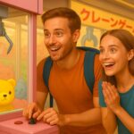 外国人観光客が日本のクレーンゲームを楽しんでいる様子