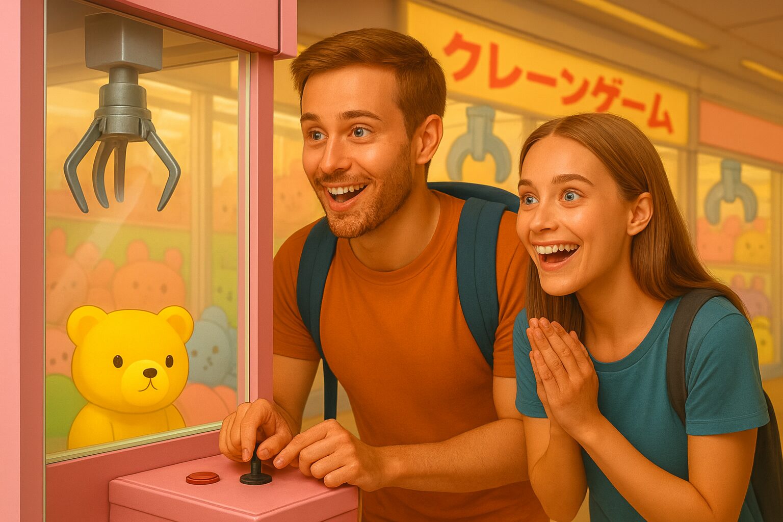 外国人観光客が日本のクレーンゲームを楽しんでいる様子
