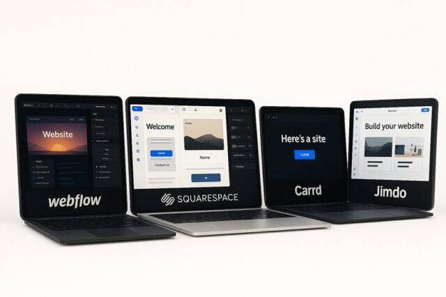 ノーコードWeb制作ツール5種の操作画面を並べたシンプルなホワイト背景のイメージ（Webflow・Wix・Squarespace・Carrd・Jimdo）