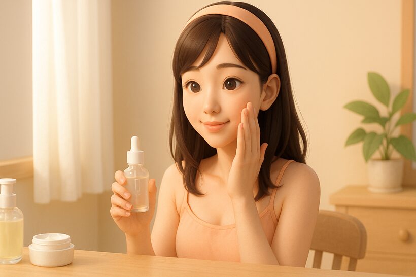 25歳くらいの女性が美肌を目指しながらスキンケアをしている