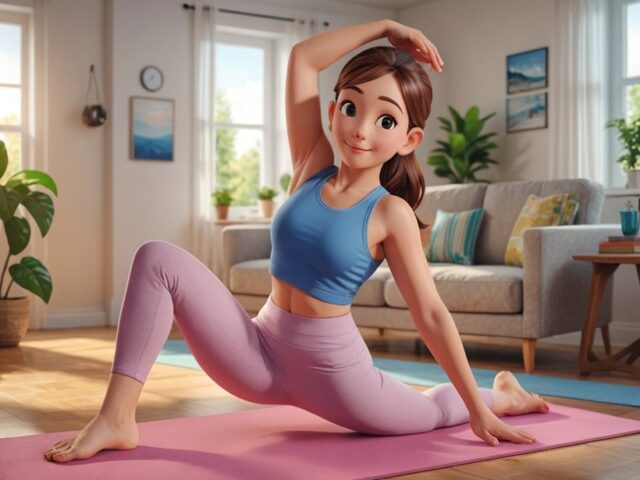 若い女性が自宅でヨガマットの上でストレッチしているシーン
