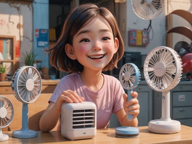 扇風機や冷風機（小型ファン、氷水タンク付き冷風機、USB扇風機など）をポップに並べて25歳の女性が涼しそうにしている様子