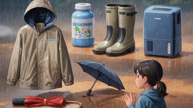 梅雨のレイングッズと除湿アイテムのカタログ風イメージ