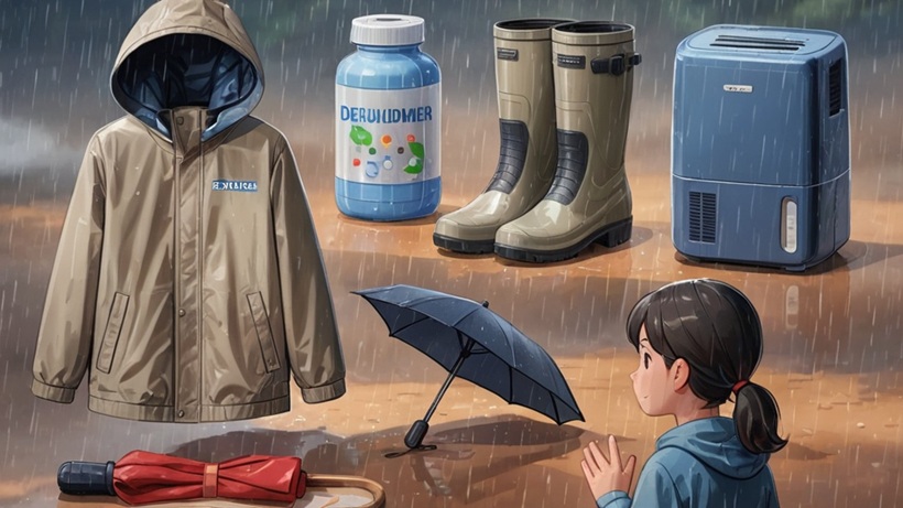 梅雨のレイングッズと除湿アイテムのカタログ風イメージ