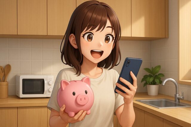 節約に成功して喜ぶ若い主婦