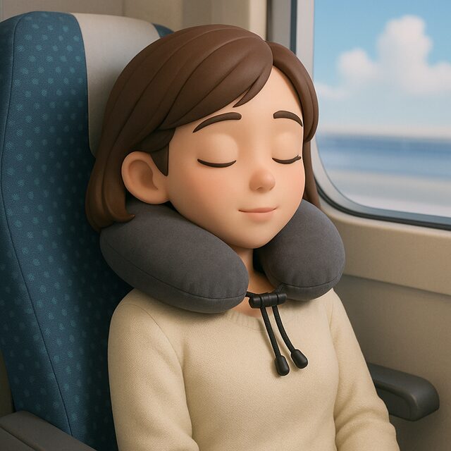 ネックピローで眠る女性（電車内）