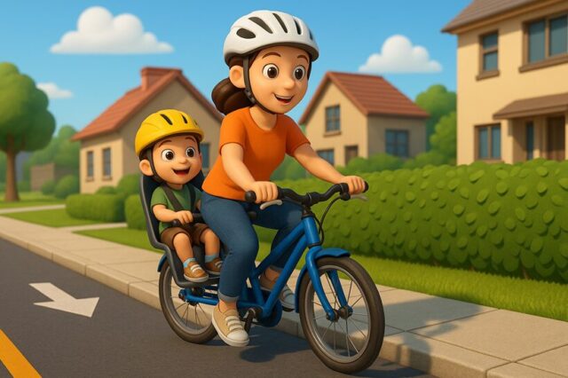 自転車に乗る親子