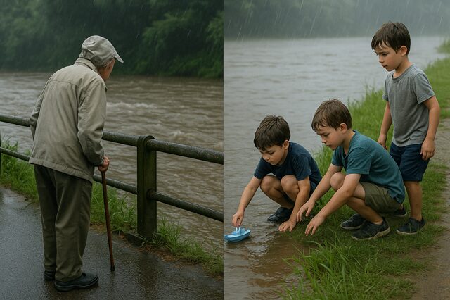 高齢者が川を見に行くシーン／子どもが水辺で遊んでいる様子