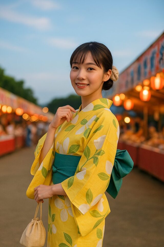 浴衣の女性が1人でポーズ。背景に空や屋台の余白があり、奥行きのある写真