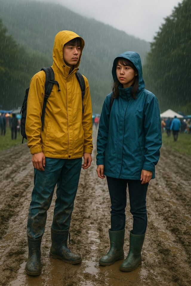 雨の中ぬかるみに立つ男女、泥道・足元が目立つ ドラマ感ある1枚
