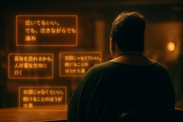 「オレンジ系ホログラムで名言数個を浮かべる」