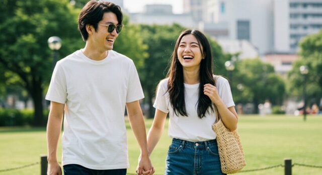 若い男女のカップルが白いTシャツをオシャレに着こなして楽しそうな様子