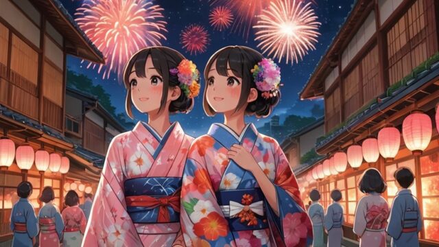 日本の花火大会に行き花火を見上げて楽しそうにしている浴衣を着た2人の23歳くらいの女性