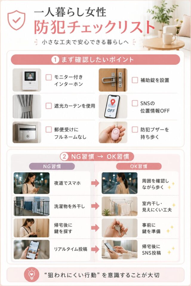 一人暮らし女性の防犯チェックリスト(NG習慣 vs OK習慣)