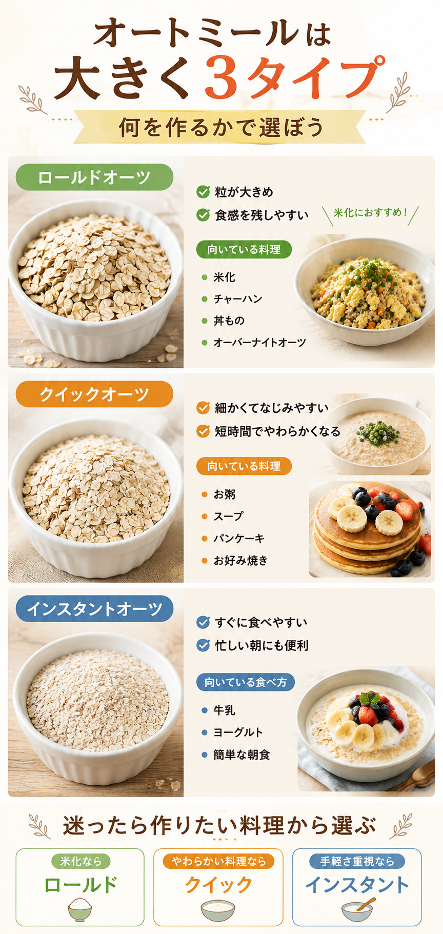 オートミール3タイプ早見ガイド