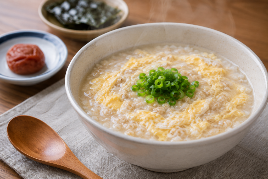 梅干し添えの湯気立つ卵粥