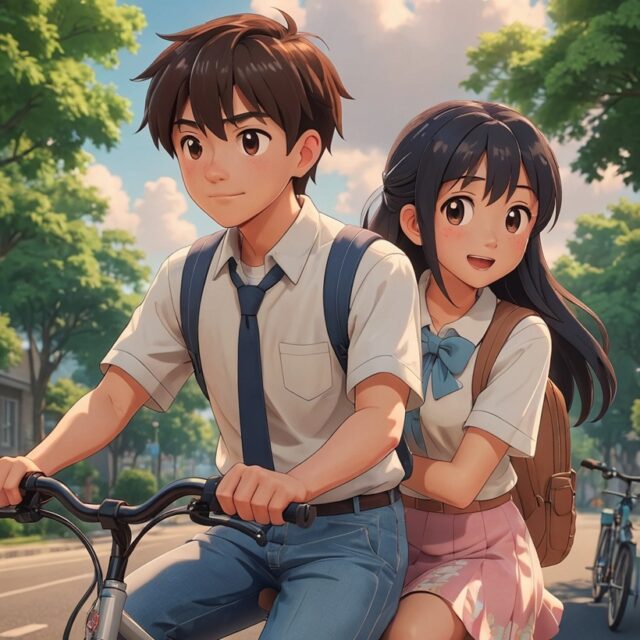 自転車に二人乗りしている日本の高校生カップル