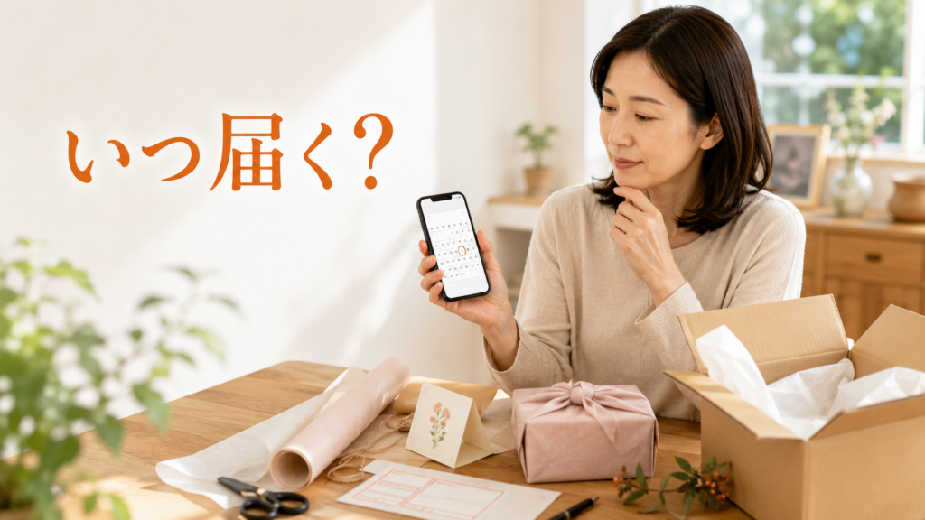 日本人女性が自宅で敬老の日ギフトを梱包している