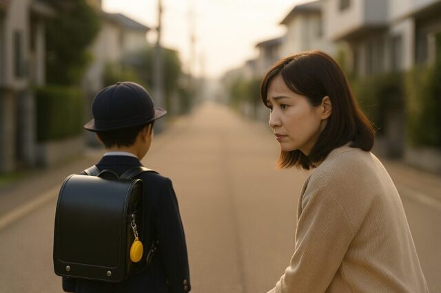 小学生の子供を見送る母親