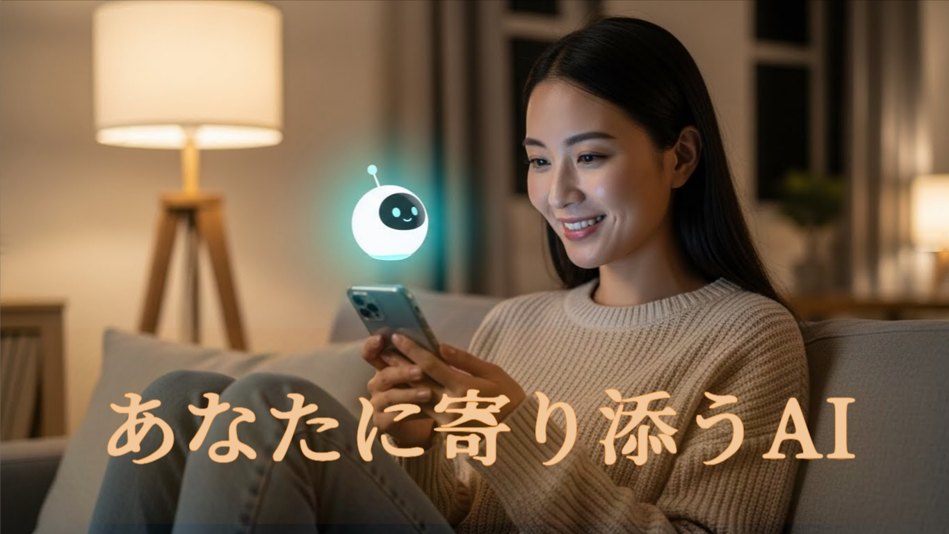 メンタルケアAIアプリとスマホを使う女性。夜の落ち着いた部屋で相談できる安心感のイメージ