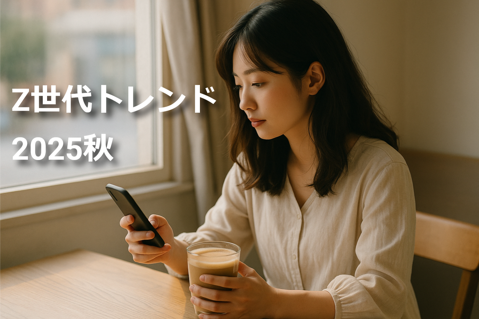 カフェの窓際でスマホを見るZ世代の女性、共感とやさしさの時代を象徴