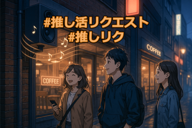 カフェの前で流れる音楽に耳を傾ける推し活リクエストをやってる若者たちの夜景イラスト