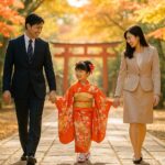 七五三で家族が神社の参道を歩く様子(秋の紅葉と木漏れ日)