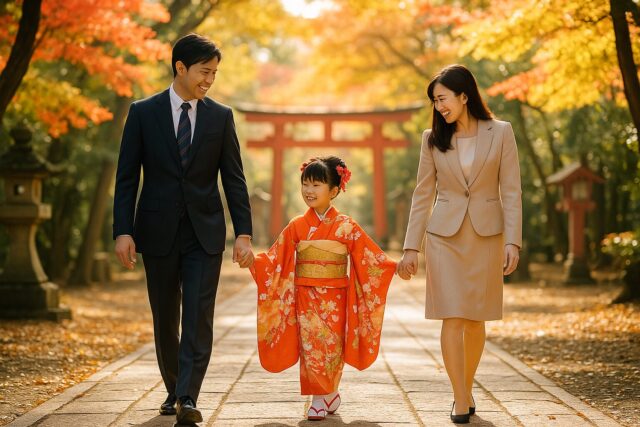 七五三で家族が神社の参道を歩く様子(秋の紅葉と木漏れ日)