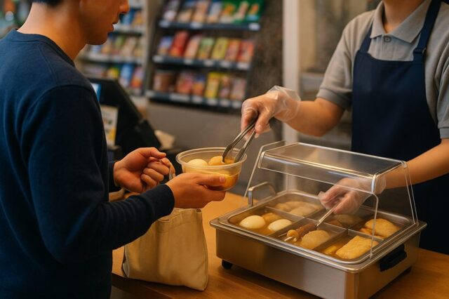 店頭でおでんを買うシーン