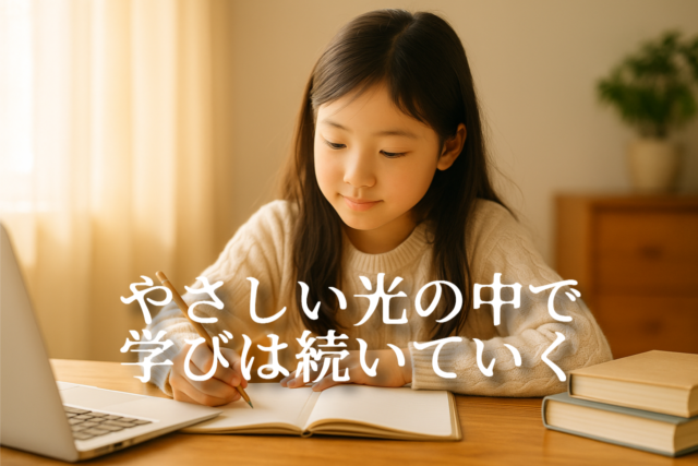 やさしい光の中でノートを書く女の子。安心できる環境で、ゆっくりと学びを続ける姿を表すイメージ