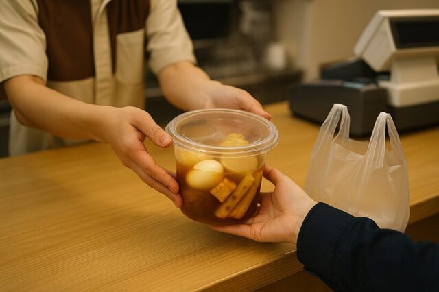 買ったおでんを丁寧に袋へ入れる／こぼさないように固定している