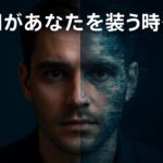 AI詐欺を象徴するイメージ。人間の顔の半分がAIによって偽装され、デジタルノイズで分断されている