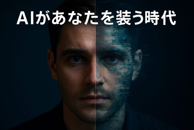 AI詐欺を象徴するイメージ。人間の顔の半分がAIにより偽装され、デジタルノイズで分断されている様子を表現。AIが本人を装う詐欺DMやなりすまし被害を暗示している。