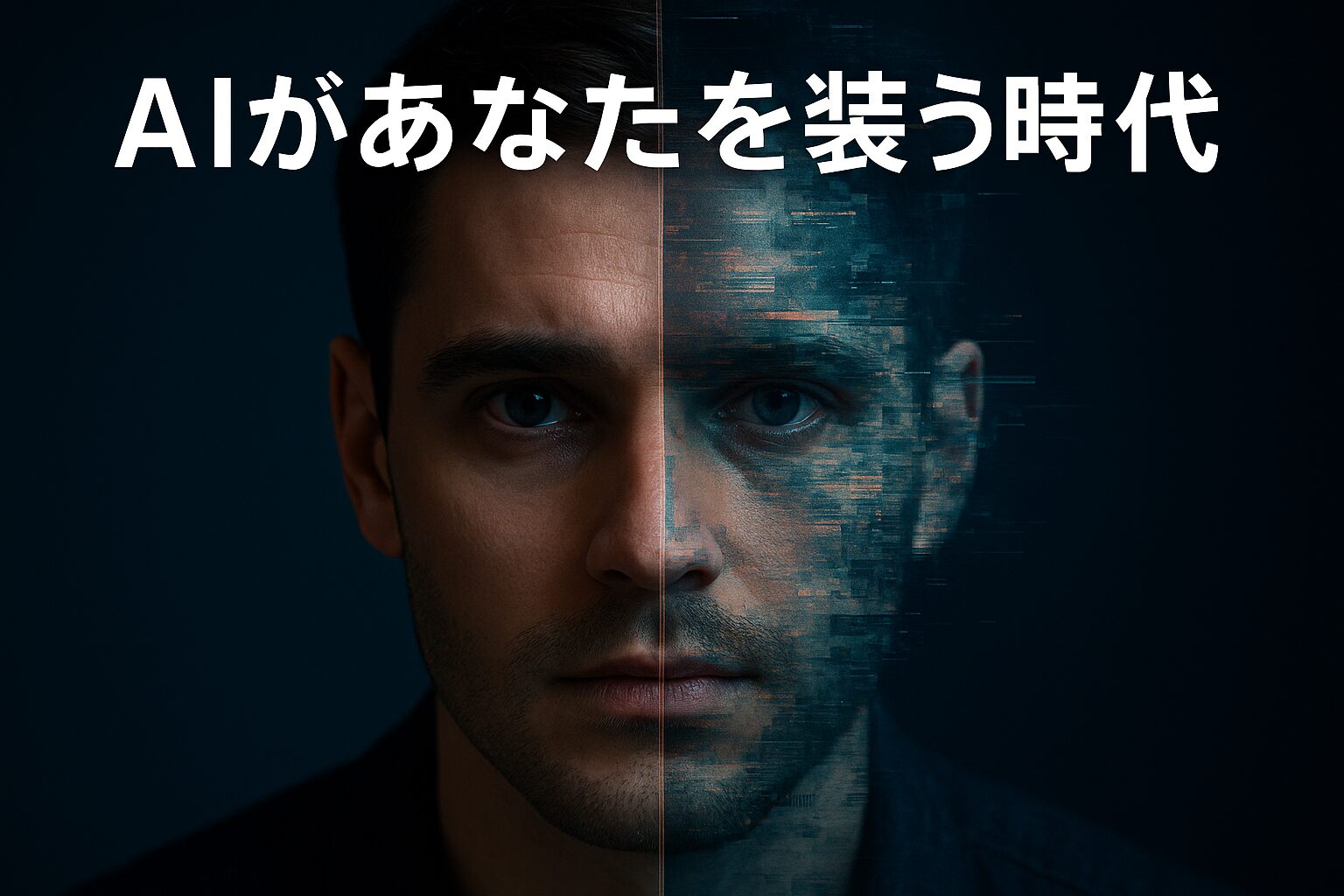 AI詐欺を象徴するイメージ。人間の顔の半分がAIによって偽装され、デジタルノイズで分断されている