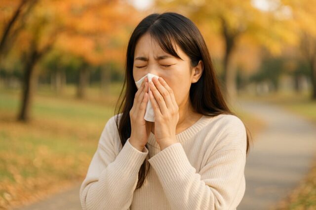 日本人女性が秋の公園でくしゃみをする姿