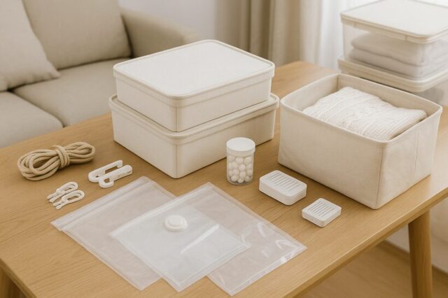 100均グッズや収納ボックス、圧縮袋、防虫剤などをナチュラルな木のテーブルに整然と並べた様子