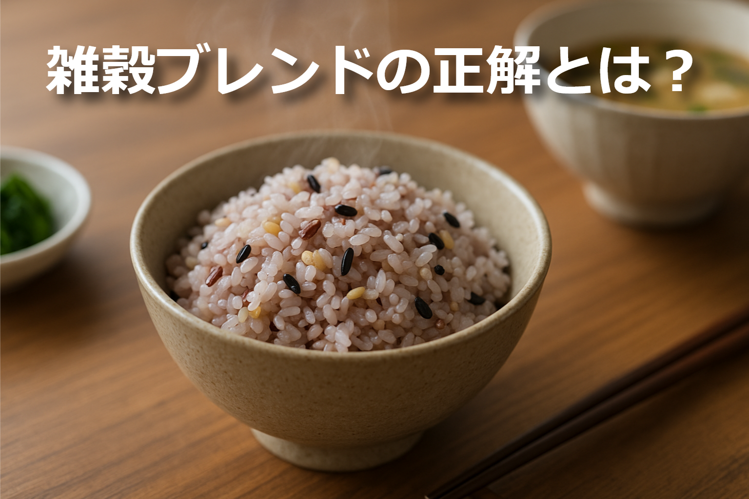 炊き立ての雑穀ごはんと木の食卓に「雑穀ブレンドの正解とは？」の文字が入ったアイキャッチ画像