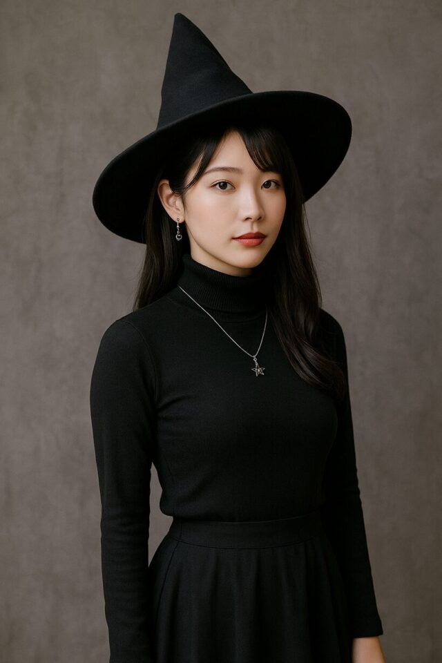 魔女帽×タートルニットで「シックな大人魔女」