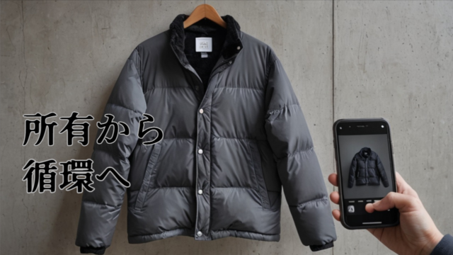 リセールや循環型ファッションを象徴するシーン。ダウンジャケットを撮影し、スマホで出品準備をしている様子。