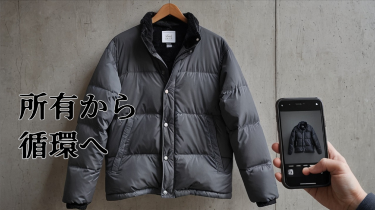 リセールや循環型ファッションを象徴するシーン。ダウンジャケットを撮影し、スマホで出品準備をしている様子。