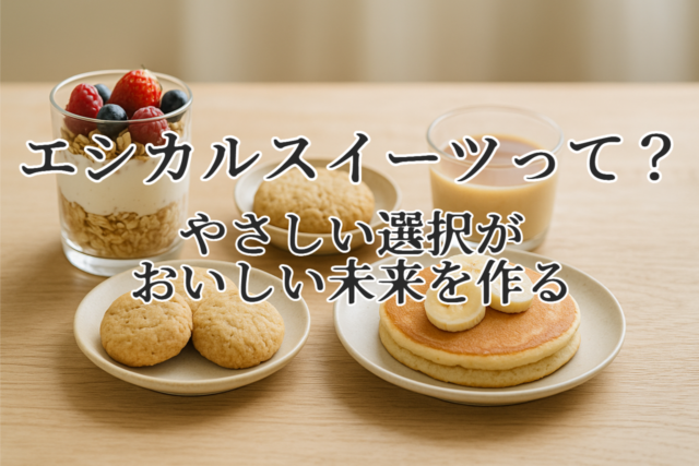 植物由来の材料で作られたエシカルスイーツ。自然光の中で並ぶパフェ、プリン、クッキー、パンケーキが温かみのある木のテーブルに置かれている写真。