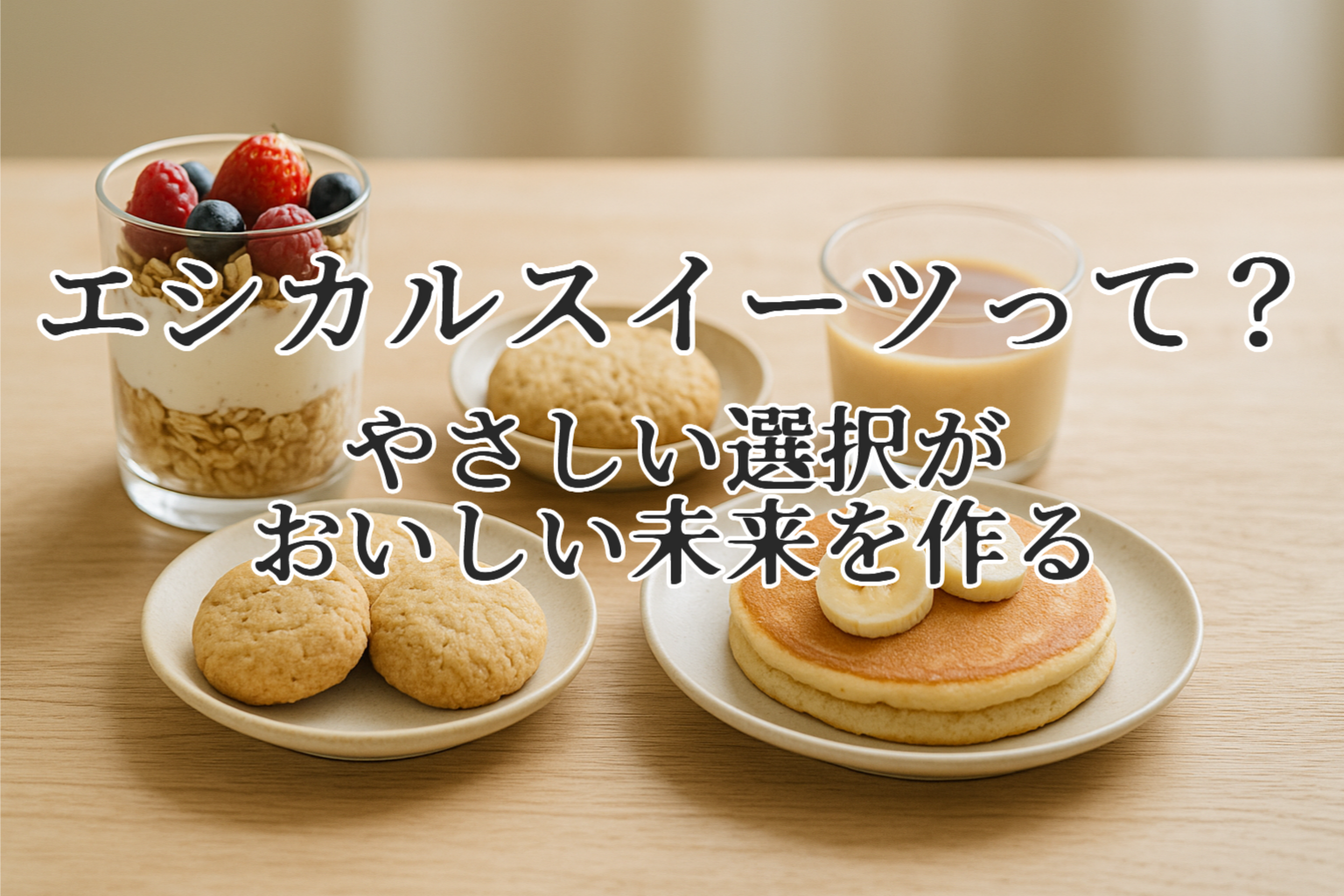 植物由来の材料で作られたエシカルスイーツ。自然光の中で並ぶパフェ、プリン、クッキー、パンケーキが温かみのある木のテーブルに置かれている写真。