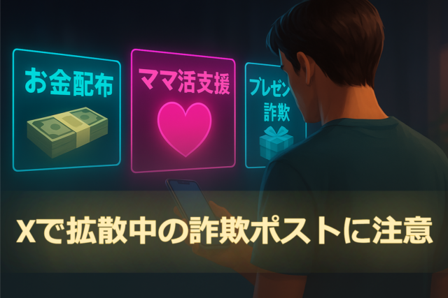 Xで拡散中の詐欺ポストに注意｜「お金配布」「ママ活支援」「プレゼント詐欺」を示すホログラムを前にスマートフォンを見つめる男性のイラスト