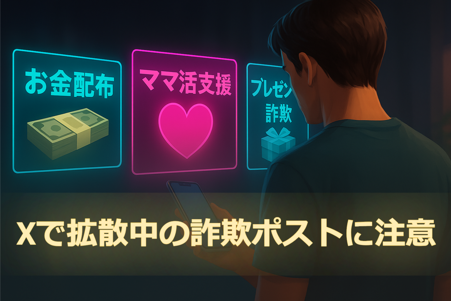 Xで拡散中の詐欺ポストに注意｜「お金配布」「ママ活支援」「プレゼント詐欺」を示すホログラムを前にスマートフォンを見つめる男性のイラスト