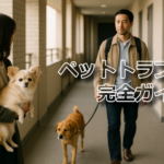 マンションの廊下ですれ違う犬と住人。距離を保って穏やかに通る様子