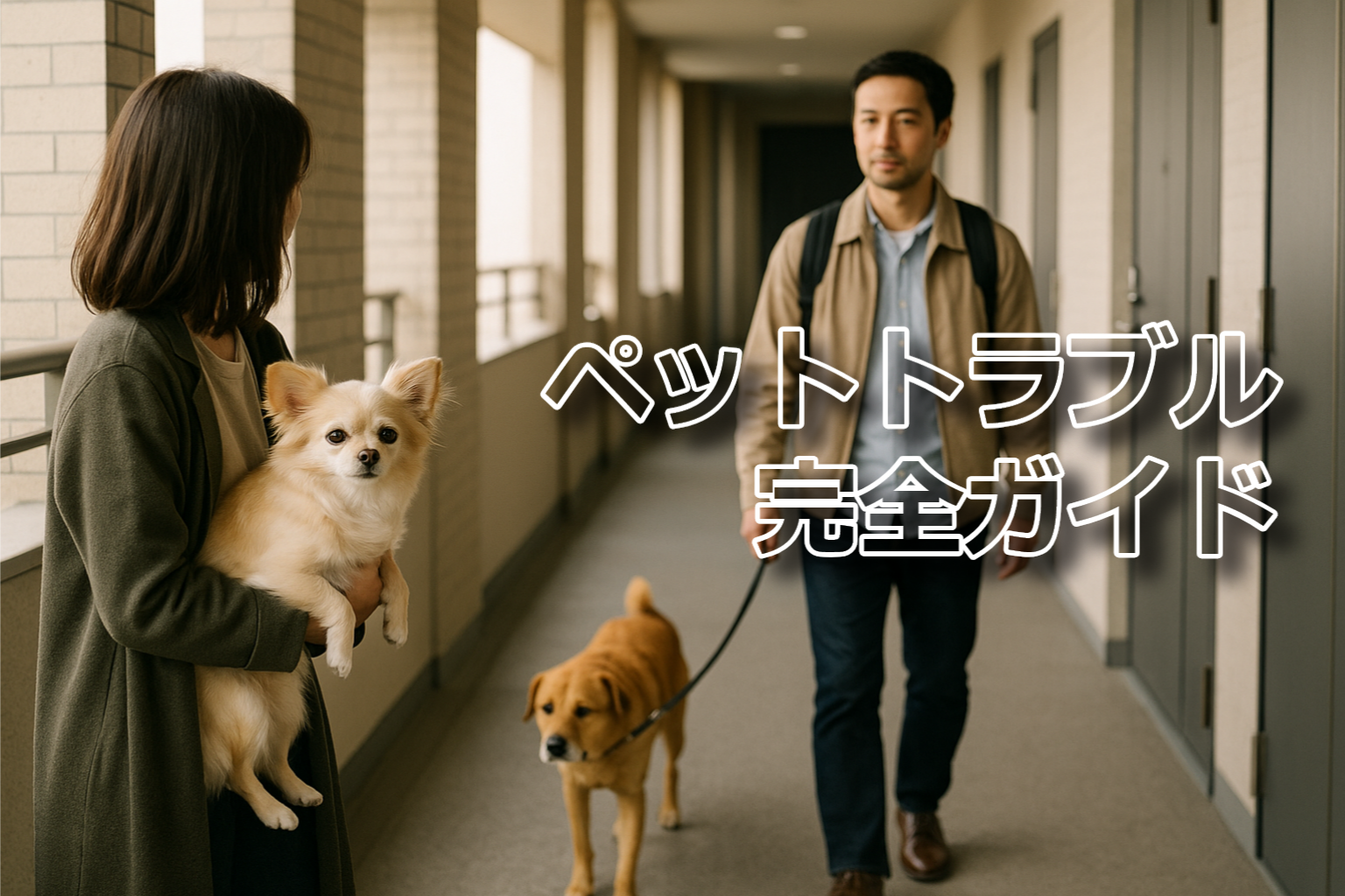 マンションの廊下ですれ違う犬と住人。距離を保って穏やかに通る様子