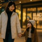 ショッピングモールのイルミネーションの中を歩く日本人親子の夜景写真。背景にブラックフライデーポスター。