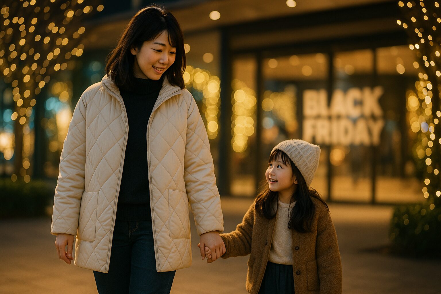 ショッピングモールのイルミネーションの中を歩く日本人親子の夜景写真。背景にブラックフライデーポスター。