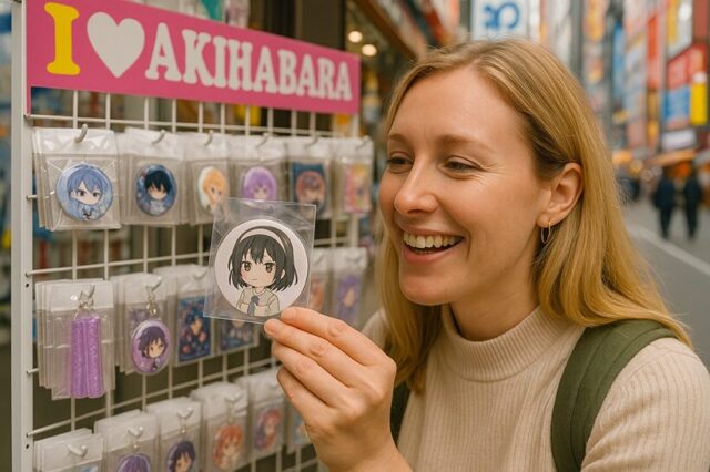 秋葉原で推し活グッズを手に取る外国人観光客