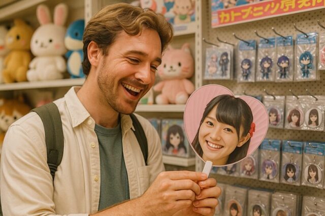 日本で推し活グッズを手に取る外国人観光客